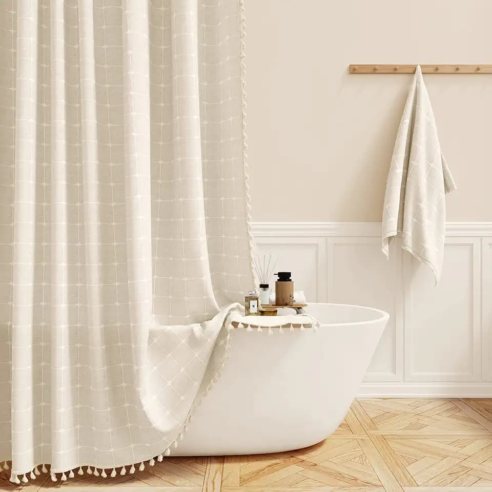 BTTN Stall Boho Farmhouse Linen Fabric Shower Curtain, 36x72, Cream/Beige