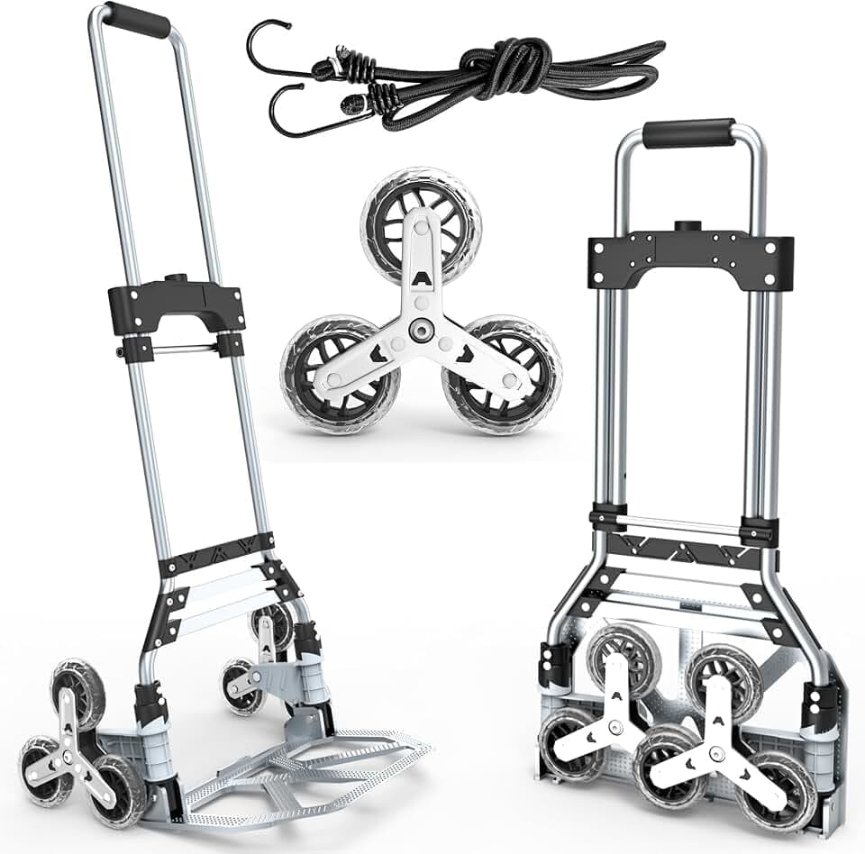Stair Climbing Cart, 220 LBS Aluminum Stair Climber Dolly, Heavy Duty Folding Hand Truck Dolly with 6 Wheels, Telescoping Handle and Elastic Rope for Home, Moving, Groceries, Warehouse