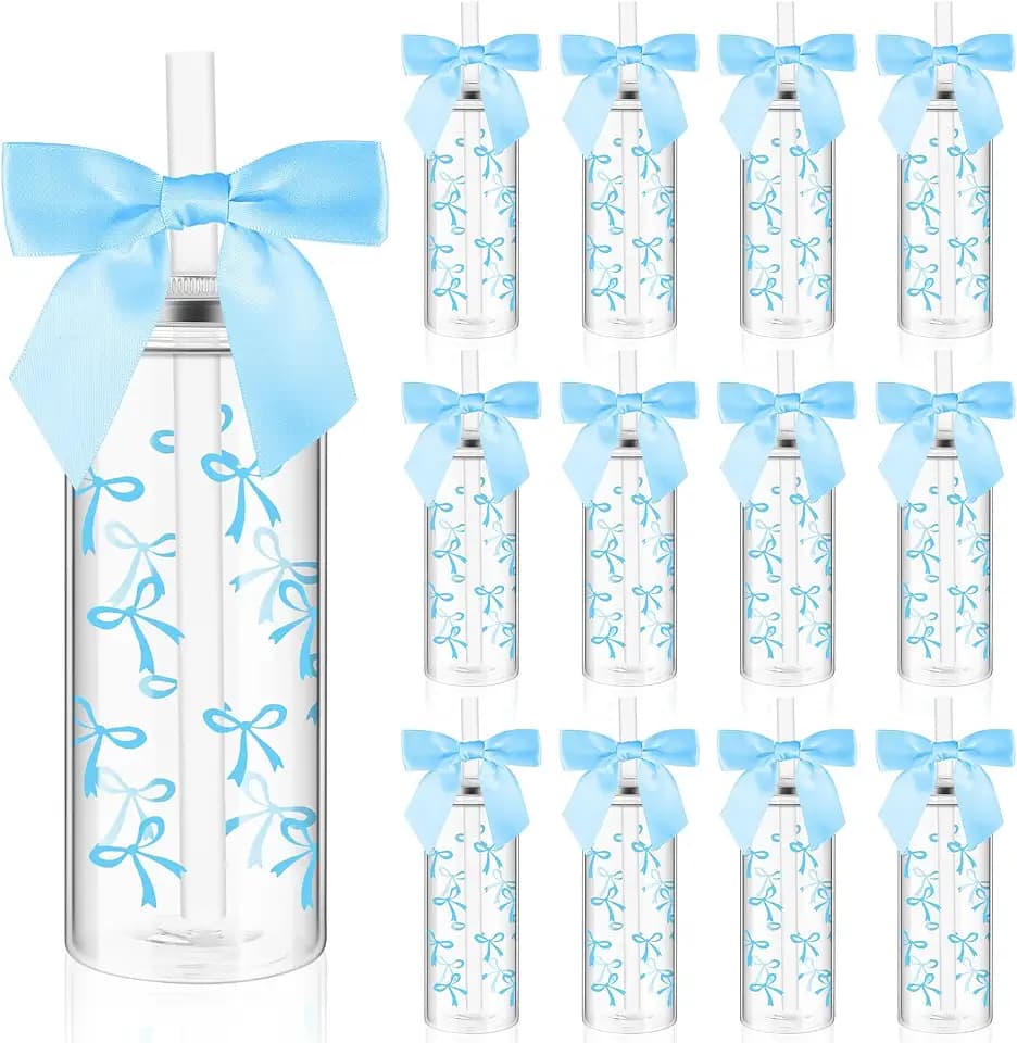 Skylety 12 Pcs 14oz Blue Bow Plastic Bottle with Straw Lid and Twist Bow Disposable Coquette Bottles Cute Inspired Retro Reusable Drinkware for Birthday Bachelorette Bridal Shower Party Drinkware