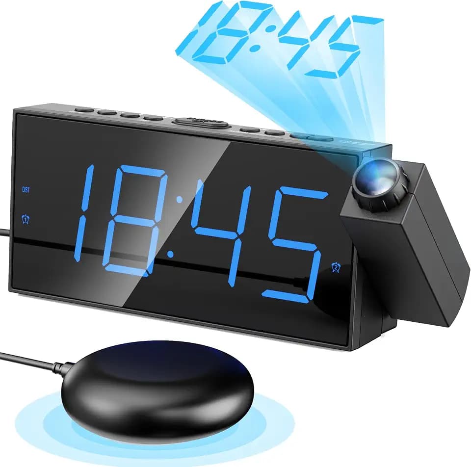 Mesqool Projection Alarm Clock with Bed Shaker, Dual Alarms