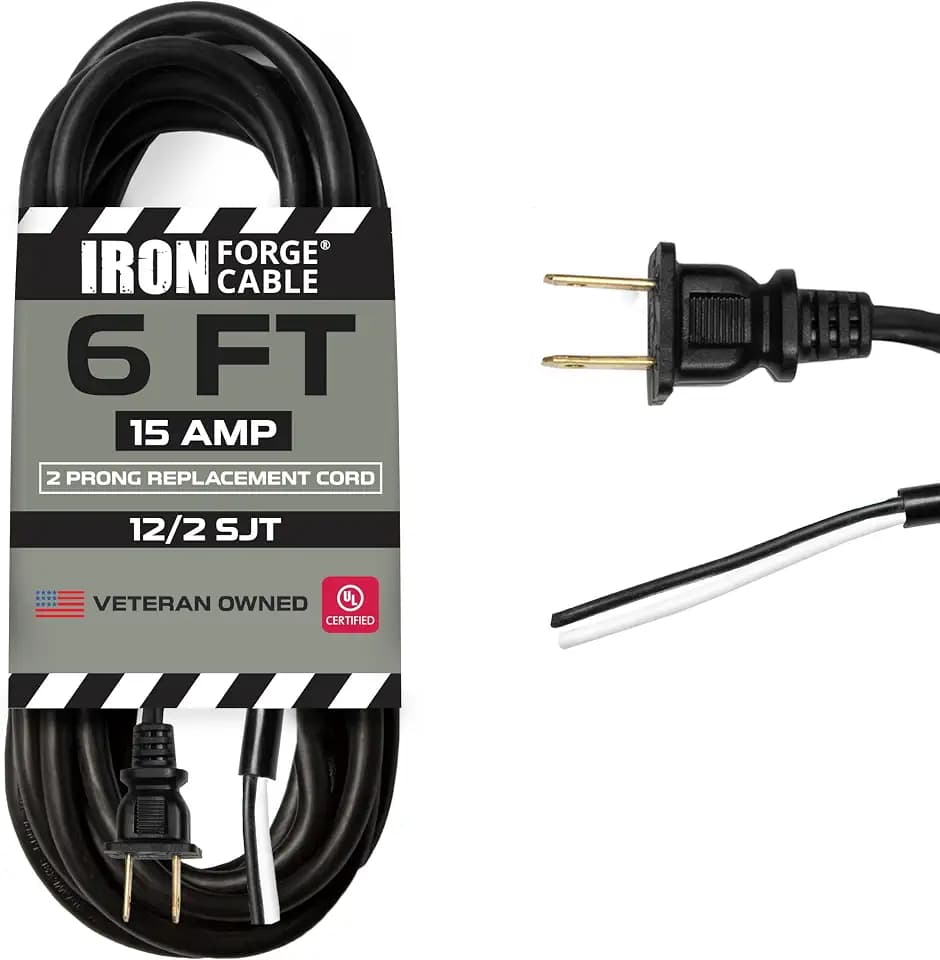 Iron Forge Cable 12 AWG Replacement Power Cord, 2 Prong Open End, 6 Ft