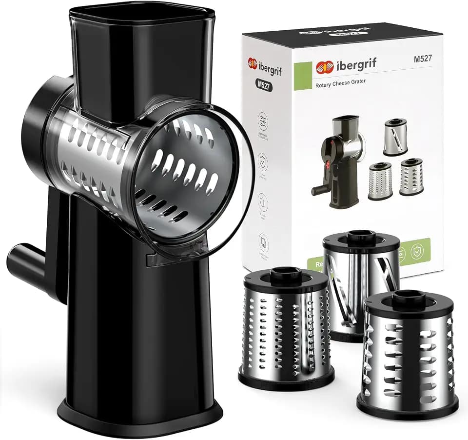 Ibergrif Rotary Cheese Grater Hand Crank– Manual Vegetable Slicer Mandoline with Foldable Handle, Rotary Grader with 3 Interchangeable Blades, Manual Cheese Shredder with Suction Base