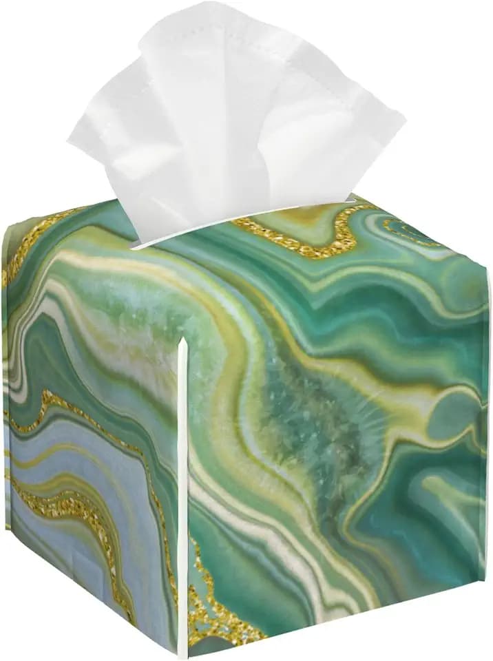 Leather Tissue Box Holder Green and Gold Abstract Marble Tissue Box Cover Square Waterproof Tissue Holder Organizer Modern Napkin Holder for Bedroom Dresser Night Stand Office Desk