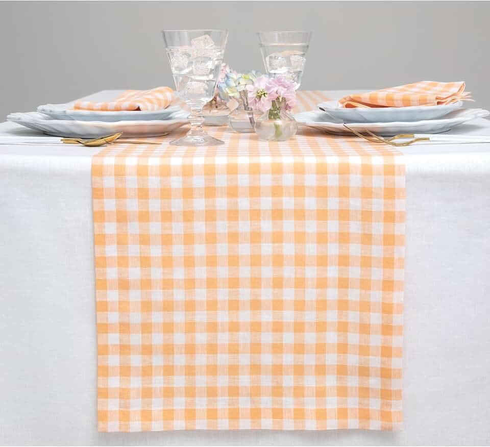 Solino Home 100% Pure Linen Table Runner Orange, Gingham Check 14 x 108 in