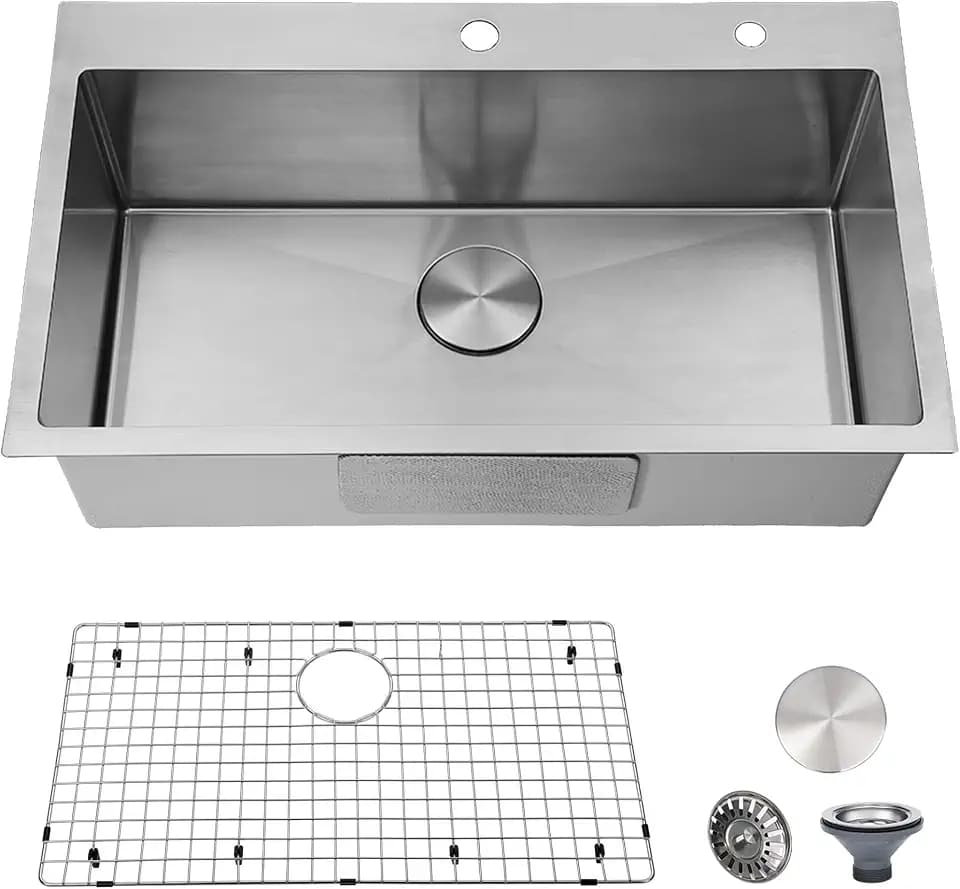 30 inch Drop in Kitchen Sink, Topmount Single Bowl 304 Stainless Steel Handmade Satin Finish Kitchen Sinks with Dish Grid and Strainer