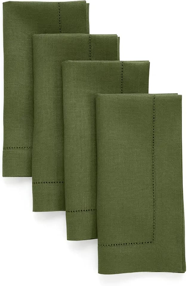 Solino Home 100% Pure Linen Napkins Olive Hemstitch, 20 x 20 in, Set of 4