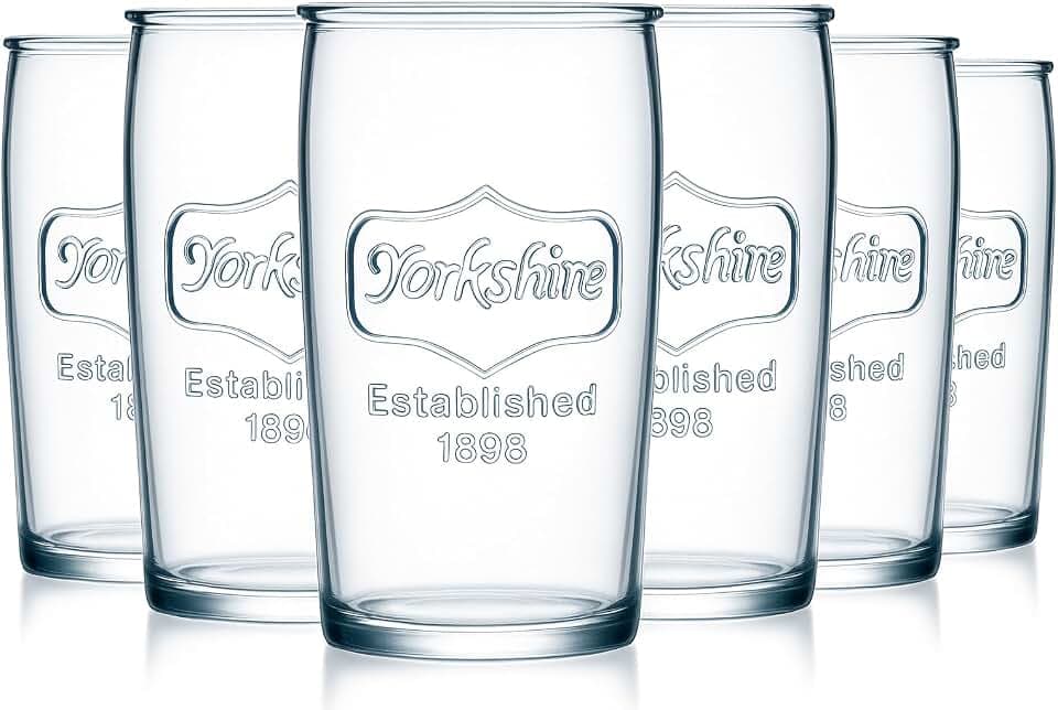 kitchentoolz Mason Drinking Glasses Set of 6 - Yorkshire Tumbler 16 oz Glassware Cups for Cold Drinks, Iced Tea, Water, Cocktails - Classic Mason Jar Style