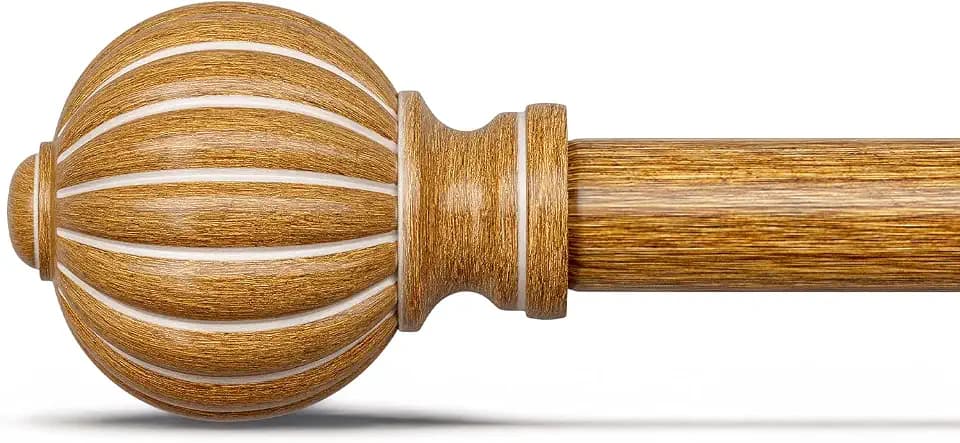 QDWIS Wood Curtain Rods for Windows 72 to 144 Inch, 1'' Adjustable Heavy Duty Curtain Rod,Vintage Imitation Wood Grain Decorative Drapery Rods with Pumpkin Finials for Bedroom Living Room