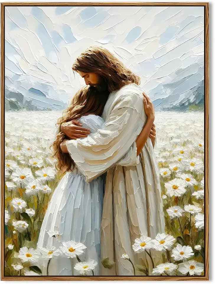 Jesus Embracing Woman Wall Art, Jesus Hugging Women Wall Decor Paintings, Religious Christian Bible Canvas Prints Pictures for Bedroom Living Prayer Room 16x24 inch Framed