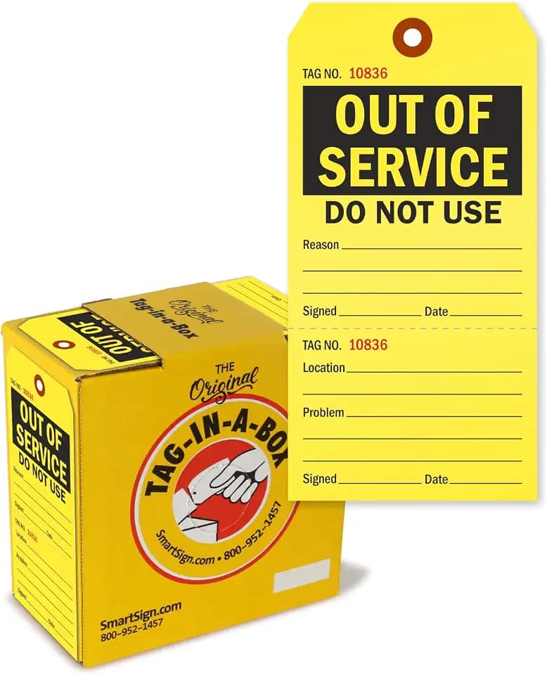 SmartSign 100-Pack 'Out of Service DO NOT USE' Fluorescent Yellow Tags in Box, 3" x 6.25", 13pt Write-On Cardstock Tags, 2-Sided, Pre-Punched Hole with Fiber Patch, for Equipment, Inventory Status