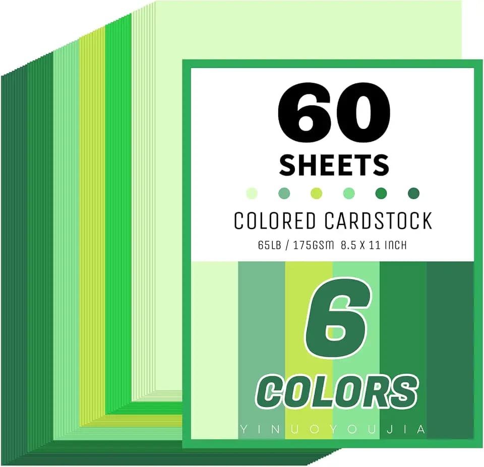 60 Sheets 8.5" x 11" Green Cardstock, 6 Assorted Shades 180GSM/65lb