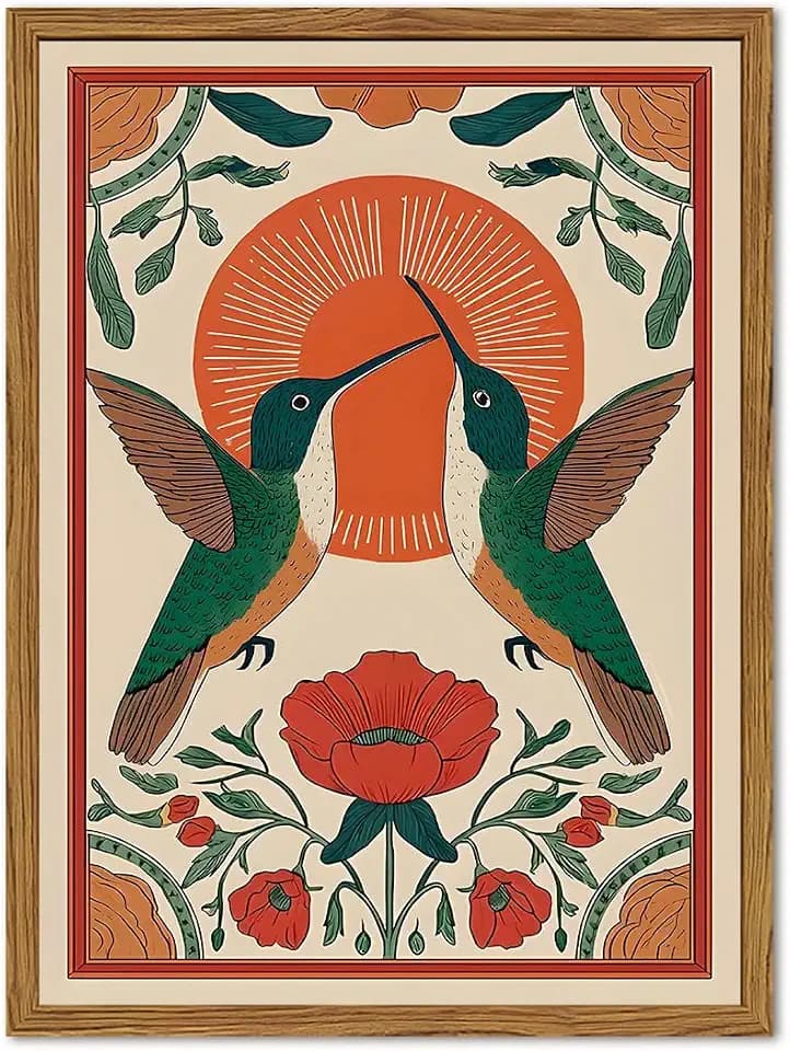 Framed Vintage Hummingbird Wall Art, Boho Floral Pictures Wall Decor, Rustic Nature Bird Botanical Paintings Canvas Prints Cottagecore Home Decor Aesthetic for Living Room Bedroom Bathroom 12x16 inch