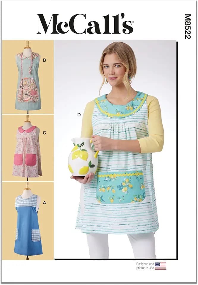 McCall's M8522A Easy-to-Make Misses' Over-The-Head Cobbler Aprons Sewing Pattern Packet, Design Code M8522, Sizes XS-S-M-L-XL