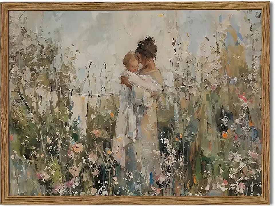 Mother Holding Child Wall Art Vintage Motherhood with Baby Wall Decor Painting Cottage Country Nursery Sign Poster Canvas Print for Kids Bedroom Living Room 10x8 inch Wood Framed