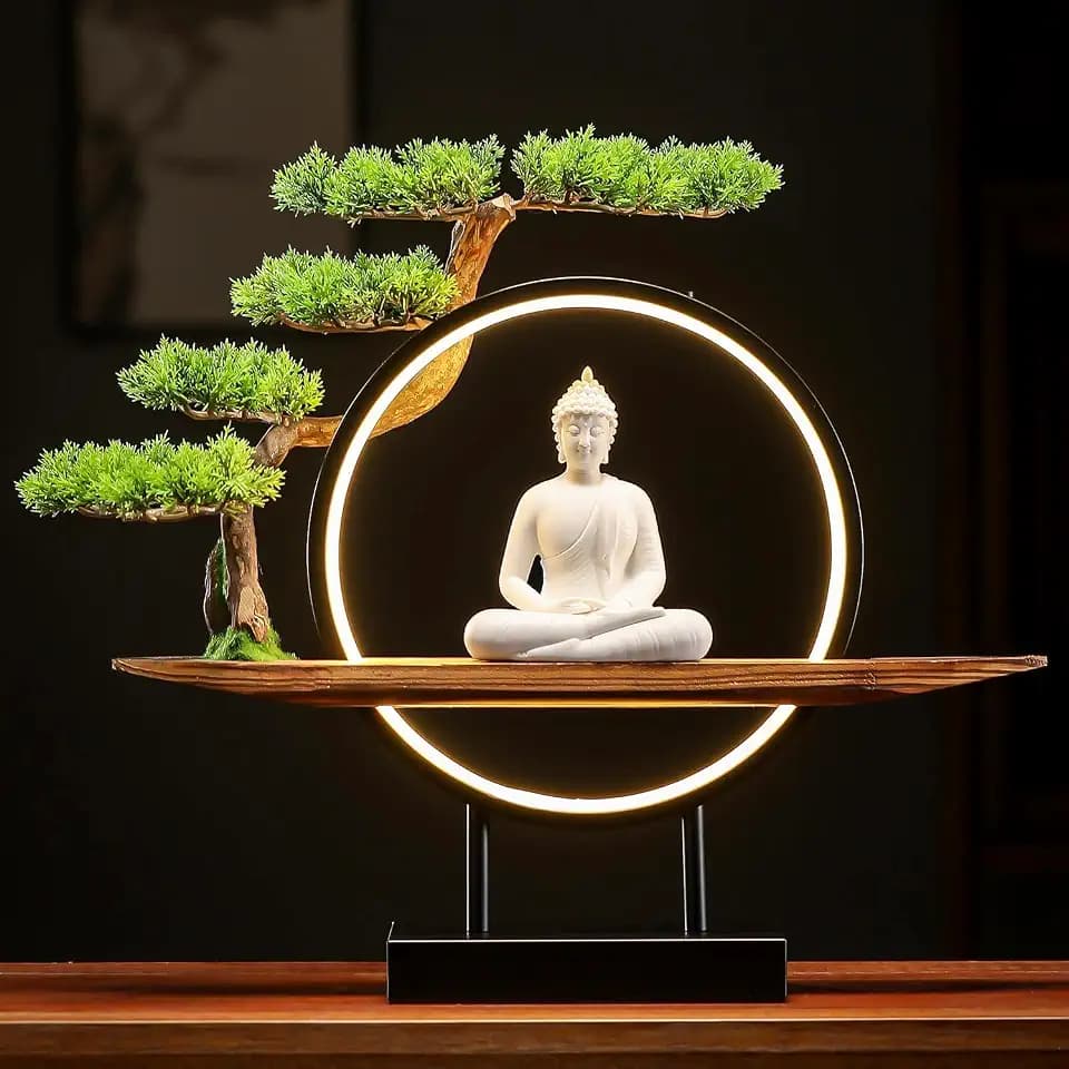 QINLANG Buddha Statue Indoor with LED Circle Light and Green Artificial Tree, White Ceramic Buddha Statues for Home Decor, 16.5 in