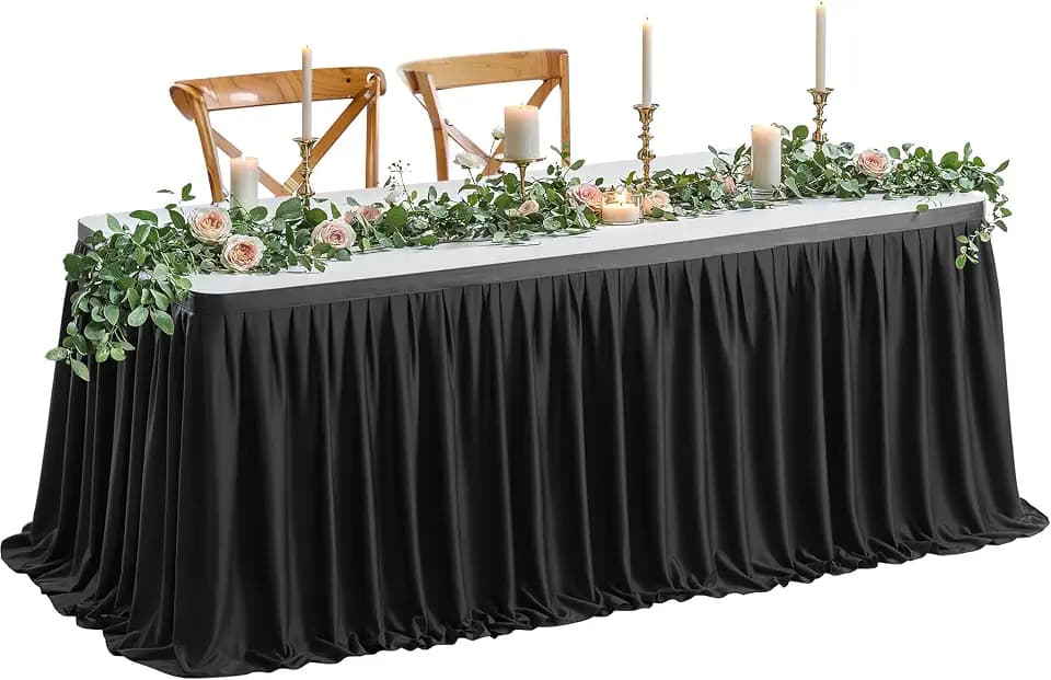 Wish Care 6ft Long Black Table Skirt for Rectangle Tables Decorations - Wrinkle Resistant Polyester Pleated Table Skirting Desk Skirts for Office Baby Shower Birthday Party Wedding Banquet