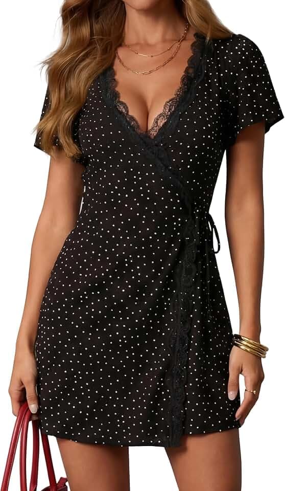Women's Polka Dot Dress Short Sleeve Mini Wrap Dresses with Belt