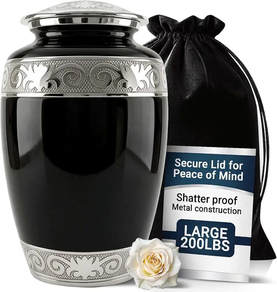 Urns for Human Ashes Adult Male and Female | Handcrafted Large 200 Cubic Inches Cremation Urn with Secure Threaded Lid | Black Memorial Urn for Burial Ashes