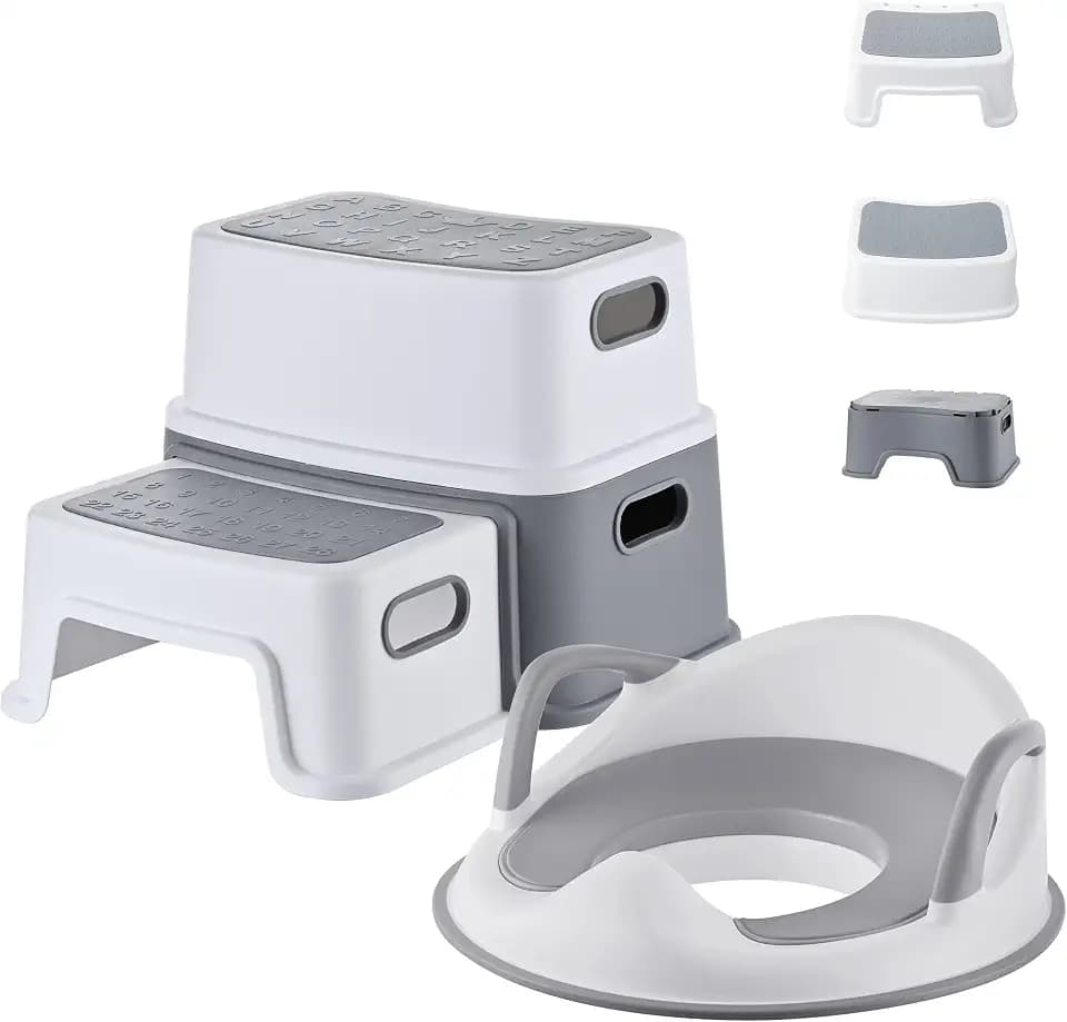 Relaxdays Toilettensitz Kinder mit Tritthocker, grau-weiß