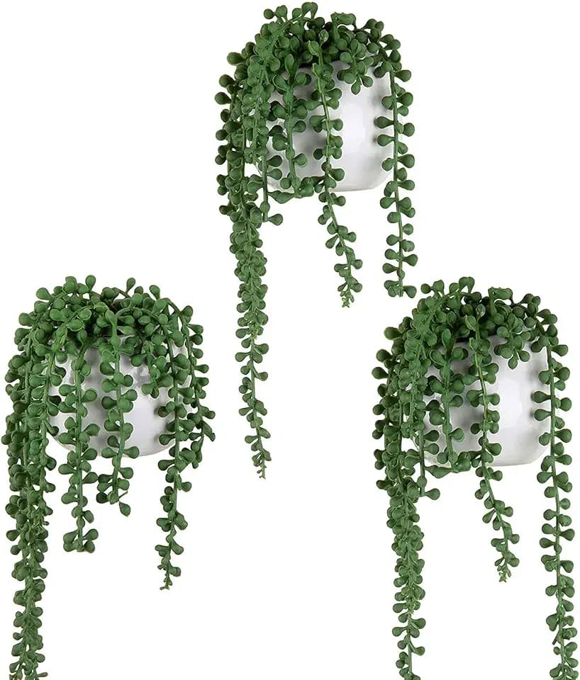 MyGift Faux String of Pearls Plant White Ceramic Wall Planter Set of 3