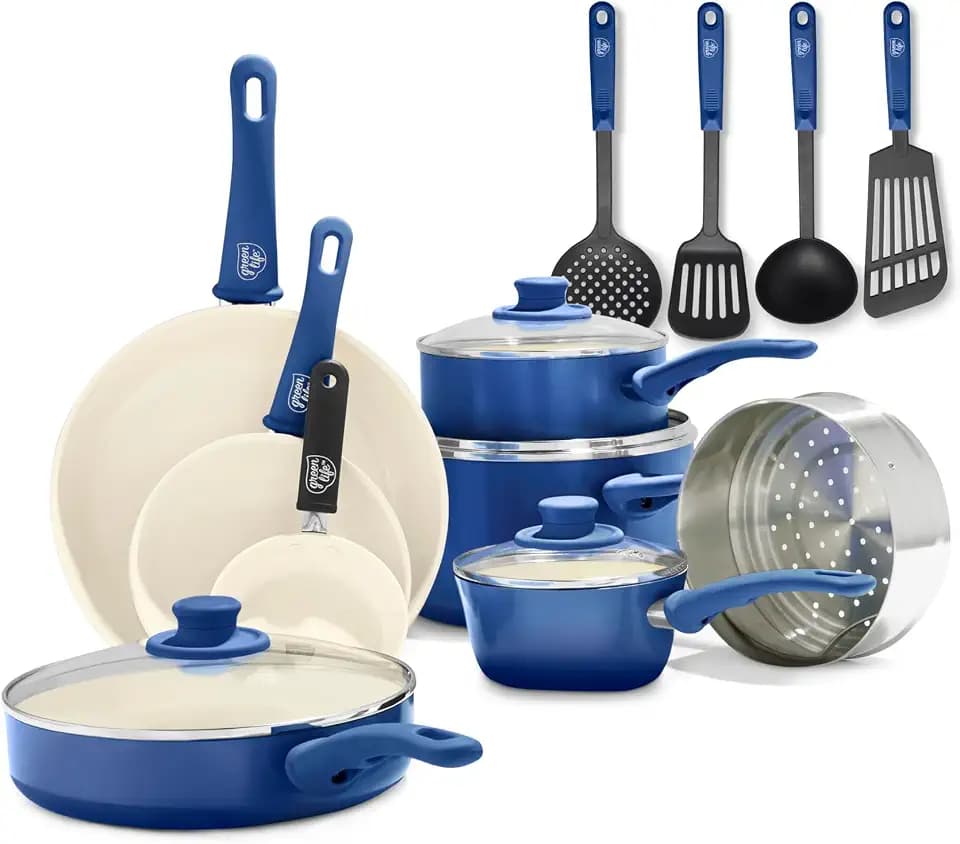 GreenLife 16 Piece Ceramic Nonstick Pots & Pans Cookware Set, Blue