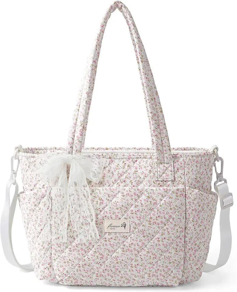 WOBAGMEN Quilted Lunch Box for Women,Insulated Lunch Tote Bag for Women for Work, Coquette Large Capacity Lunch Tote with Shoulder Straps, Elegant Lunch Purse (Pink Floral, M)
