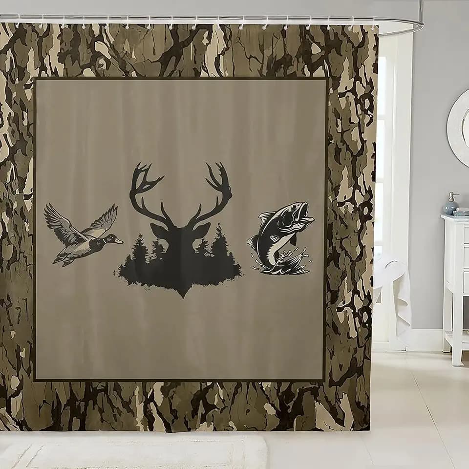 Erosebridal Hunting and Fishing Shower Curtain 72" Wx78 L Army Green Camo Bathroom Curtain Wild Duck Bass Fish Deer Bathroom Accessories for Kids Adults,Camouflage Animal Shower Decor