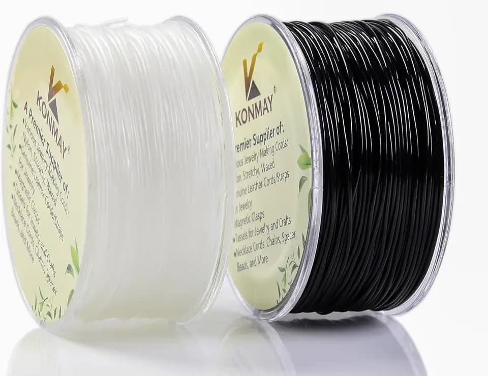 KONMAY 2 Rolls 0.6mm Black&Clear TPU Crystal Elastic String with Dispenser, 218 Yards Round Stretch Beading Cord for Seed Beads, Bracelets & Jewelry Making