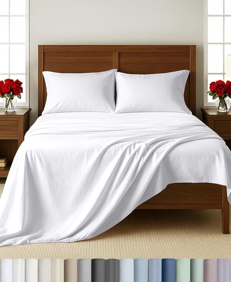 California Design Den 100% Cotton Sateen King Size Sheets Set, 4 Pcs, White