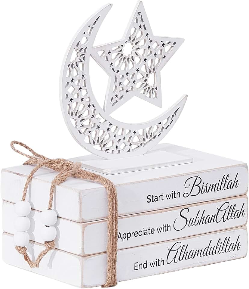 Islamic Wooden Faux Book Set with Moon Star decor, ramadan decorations for home, Great Islamic decor and Eid decorations for home & Mosque. Ramadan gifts idea, eid al adha decorations, Islamic gift