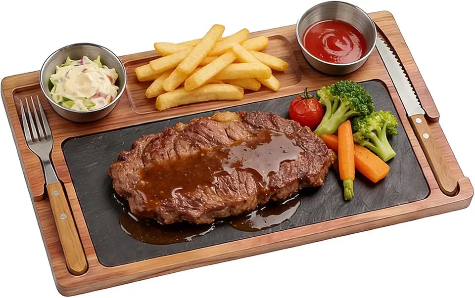 Acacia Wood Slate Steak Plate with Sauce Cup Fork Knife & Removable Slate Insert for Meat Cheese Vegetables, Wood Serving Board Charcuterie Boards Steak Serving Set-The Ultimate Gift for Steak Lovers