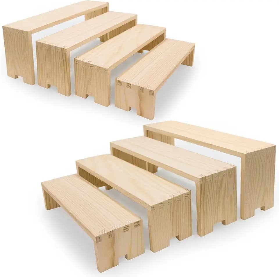 Yikaroeli 2 Set Large Wooden Cupcake Stands Wood Display Risers Dessert Table Display Set Cake Stand Display Shelf 4Tiered 8Pcs Racks Food Risers for Party