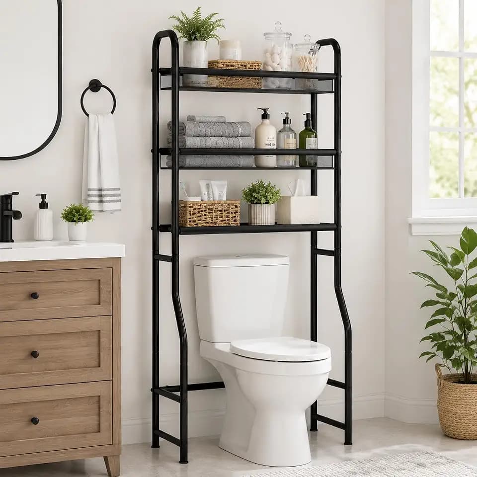 3 Tier Over the Toilet Storage Shelf, Metal Bathroom Organizer Rack, 26 Inch Extra Wide Space Saver Above Toilet, Black Bathroom Organizer for Towels and Skincare with Vinyl Mesh Tiers