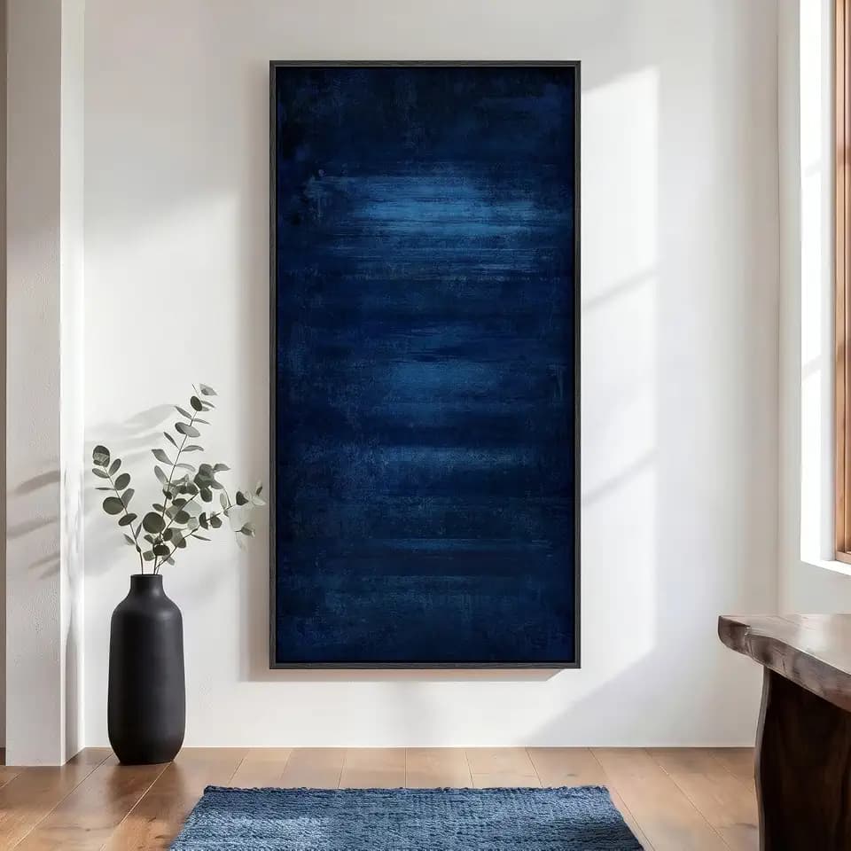 Large Framed Navy Blue Abstract Wall Art, 1 Piece Vertical 30x60 In