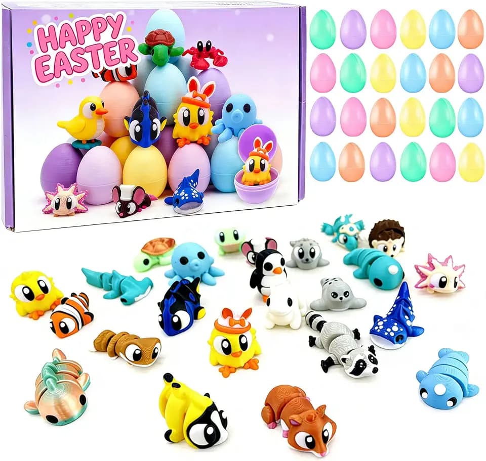 24pcs Prefilled with Easter Eggs 3D Printed Animals, Mini 3D Printed Figurines Gifts Toys for Kids Easter Basket Stuffers for Boy Girl School Classroom Prizes Hunt Supplies Party Favors