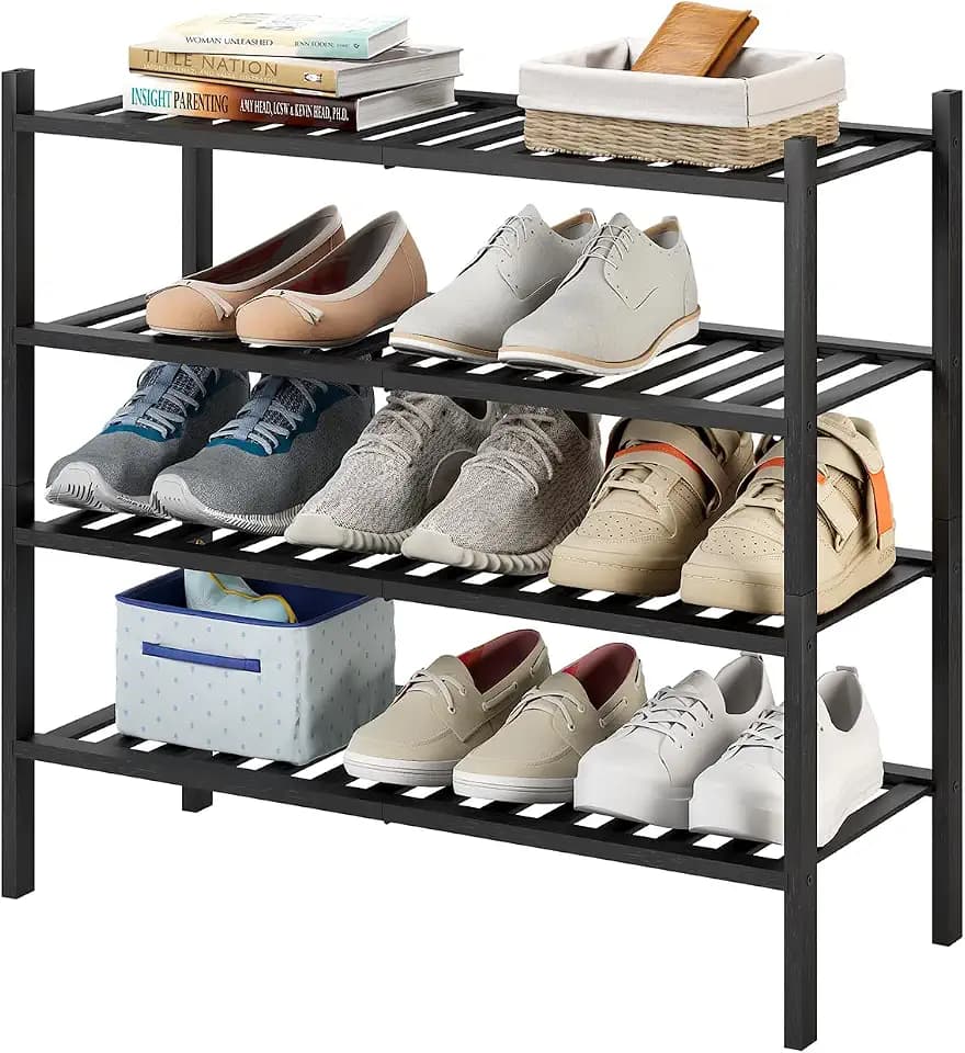 4-Tier Bamboo Shoe Rack for Entryway, Stackable | Heavy Duty | Multi-Function, Free Standing Shoe Racks for Bedroom Hallway Closet(Black, 4-Tier)
