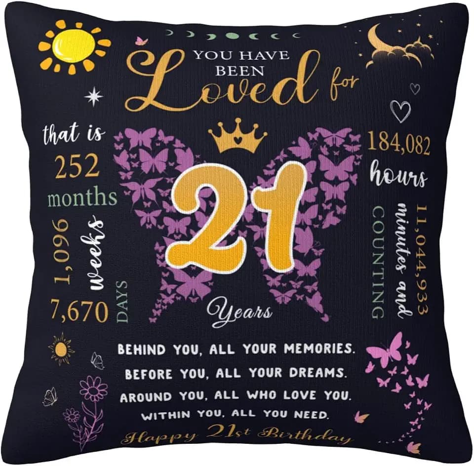 21st Birthday Gift for Her, Happy 21st Birthday Decorations for Her, 21 Year Old Birthday Gift for Her, Best Gifts for 21 Year Old Female, 21st Birthday Girl Throw Pillow Covers 18×18 Inches
