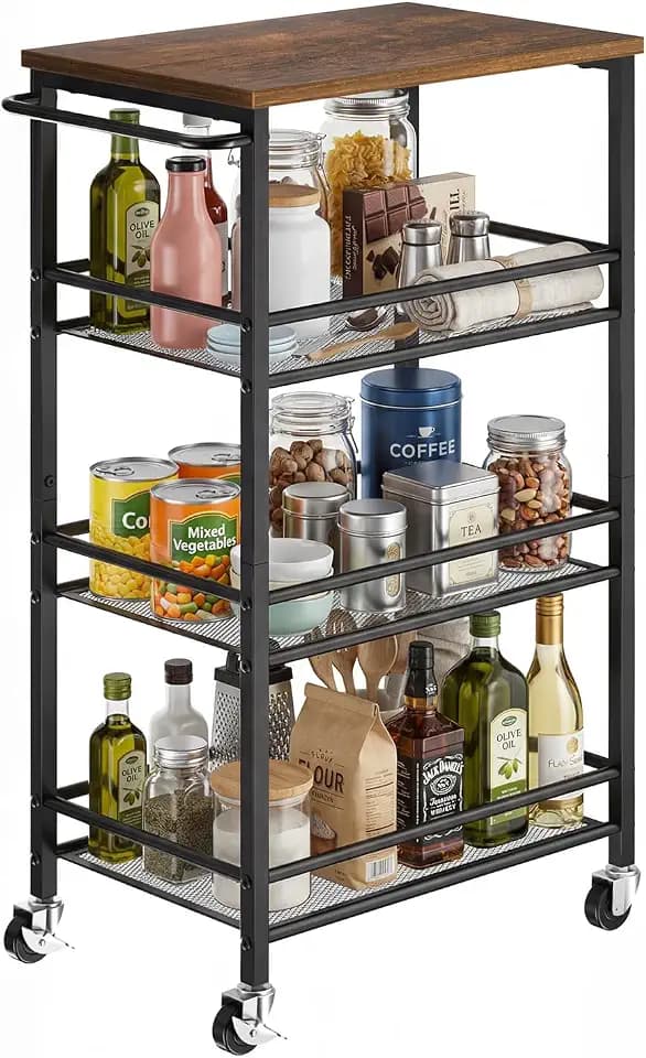 Pipishell Laundry Storage Cart with Wheels, Handle & Wood Top, Metal 4 Tier