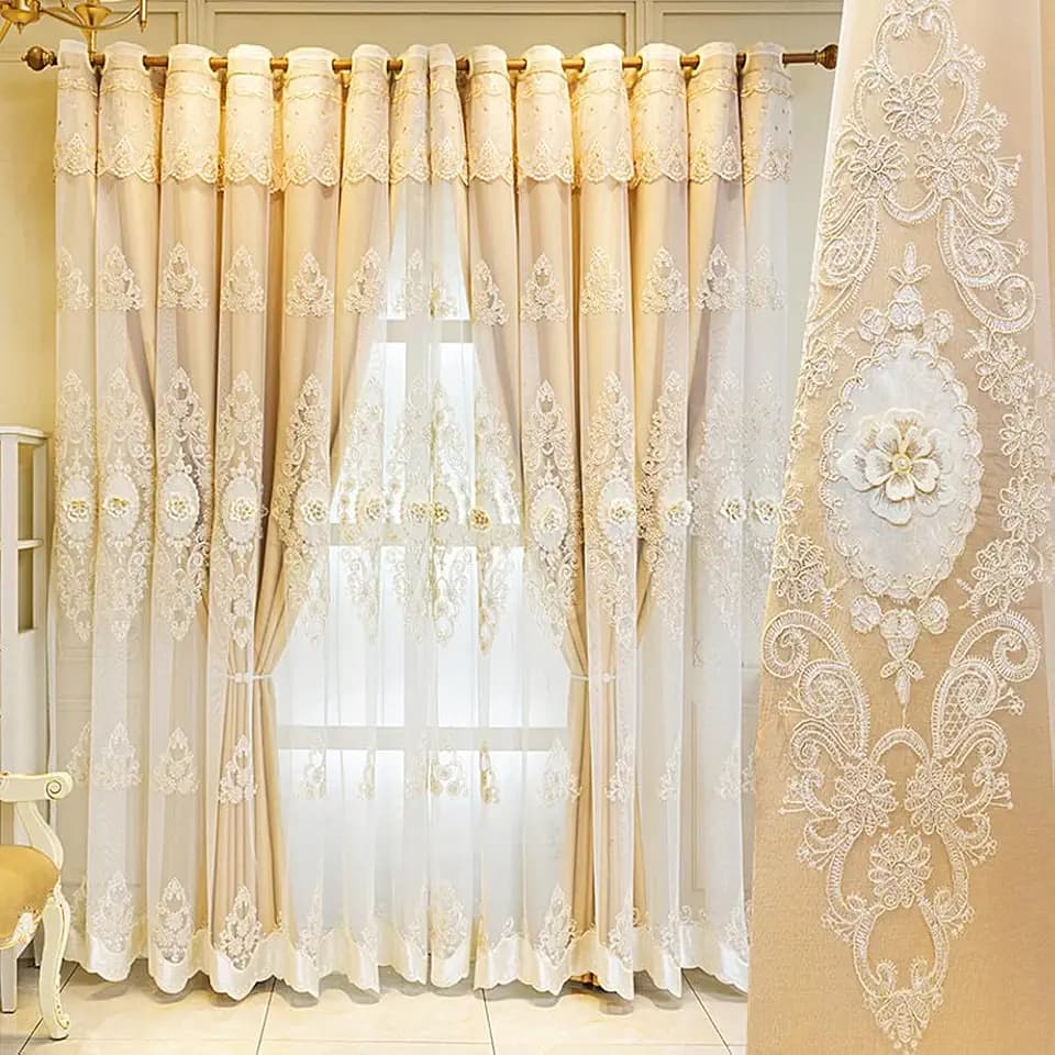 Amidoudou 1 Pair European Double Layer Curtains with Valance for Living Room Bedroom Luxury 3D Flower Embroidered Curtains (Yellow,51x84 Inch)