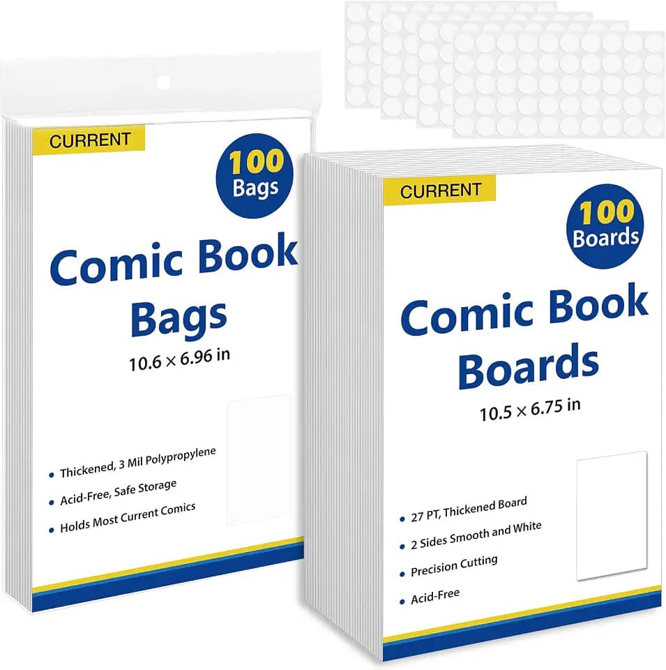 SUNEZLGO Current Comic Book Bags and Boards 100 Comic Book Sleeves and 100 Comic Book Boards, Acid-Free Clear Comic Book Storage, Comic Book Backing Boards 27 pt, Thick and Coated Comic Backing Board