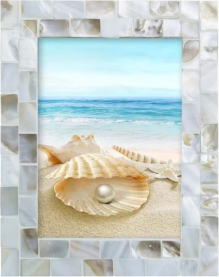 Handmade Picture Frames, 5" x 7"Vintage Mother of Pearl Photo Frame,Unique Natural Style,Chic Mosaic Beach Picture Frame Tabletop or Wall Hanging Display Frame (White, 5x7)