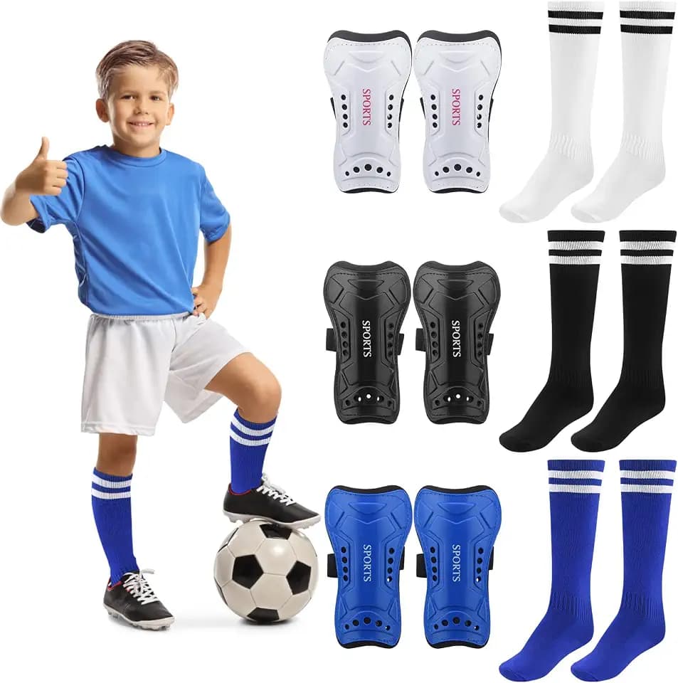 3 Pairs Youth Soccer Shin Guards - Impact Resistant Kids Soccer Shin Guards + 3 Pairs Long Soccer Socks - Flexible Football Shin Pads Shin Protectors for 6-15 Years Old Boys Girls Children Teenagers