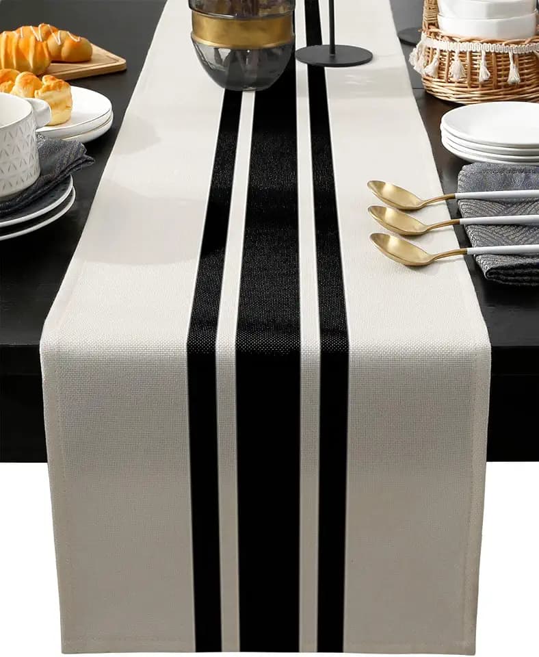 Rural Farmhouse Black Line Stripes Burlap Table Runner 120 Inches, Beige Bed Runner Dresser Scarves Tabletop for Indoor Outdoor Parties/Ceremony, 13"x 120"