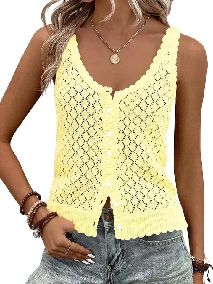 Fisoew Womens Sweater Tank Tops Summer Sleeveless Crochet Cardigan Button Down Boho Knit Going Out Vest Tops