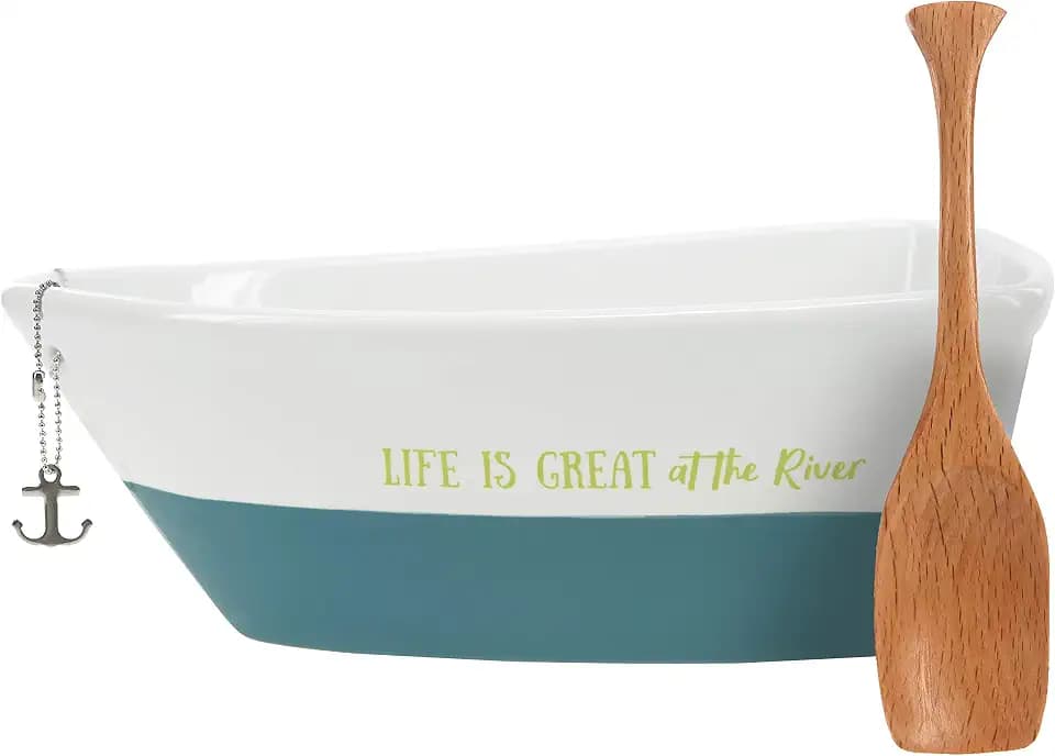 Life Is Great At The River - Boat Shaped Dip Serving Bowl With Bamboo Scoop And Removable Anchor Keychain