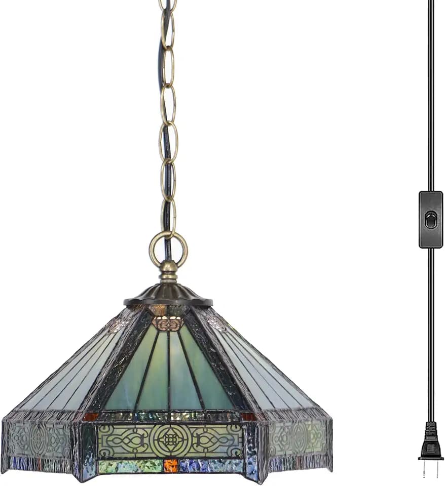 Tiffany Pendant Light Plug in 12 inches Stained Glass Hanging Lamp
