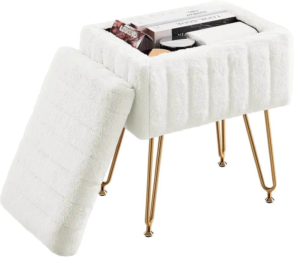 DUMOS Vanity Stool Chair Ottoman with Storage, Makeup Cute Soft Small Footstool Modern Style Faux Fur Seat with 4 Metal Legs & Adjustable Feet for Dressing Living Room Bedroom Dorm