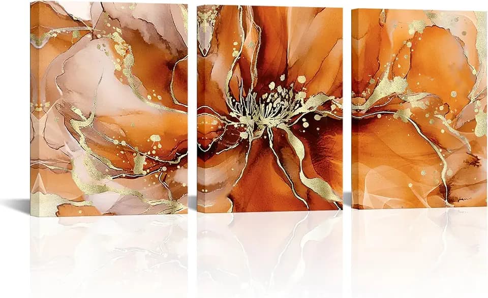 Visual Art Decor Flower Wall Art Bathroom Decor Floral Pictures Woman Girls Bedroom Office Wall Decor, Framed 12x16inchx3Pieces (Orange)