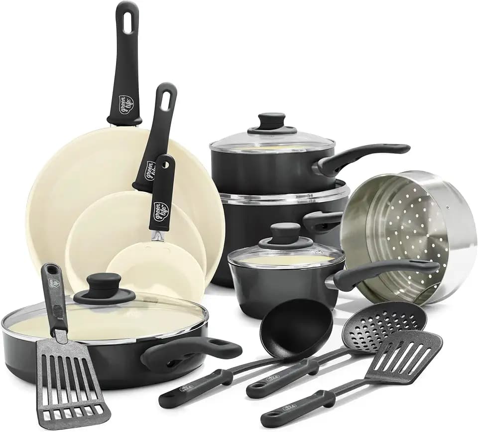 GreenLife 16 Piece Ceramic Nonstick Pots & Pans Cookware Set, Black & Cream