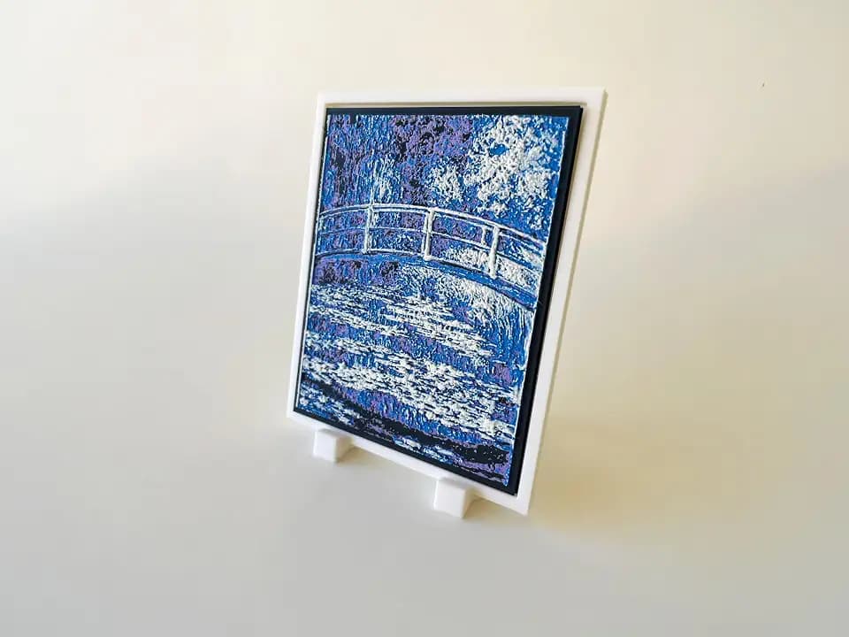 Monet Bridge Over a Pond of Water Lillies 3D Texture Matte Painting, Framed Wall Art with Easel Stand, Impressionist Style Desk Decor